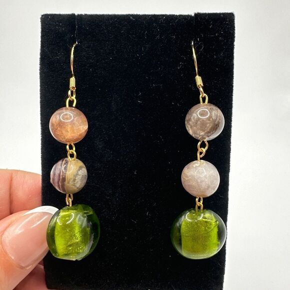 2.5" Green glass and agate stone dangle earrings with gold over 925 hooks! - Picture 10 of 14